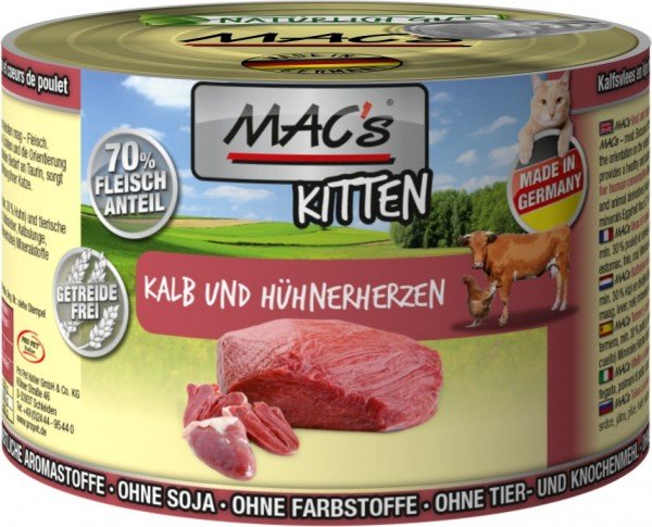 Sparpaket MAC’s Cat Kitten Kalb & Hühnerherzen 12 x 200g Dose Katzennassfutter